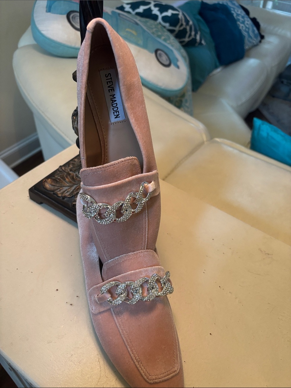 Steve Madden Pink Velvet Loafers with Crystal Chain Detail - Picture 5 of 9